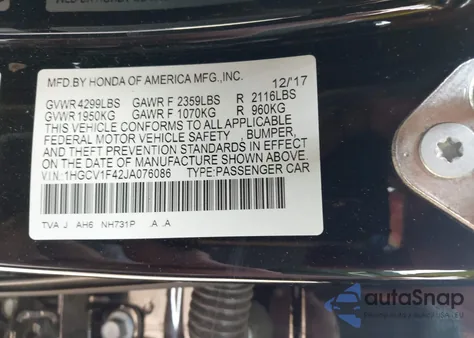 2018 Honda Accord Ex z USA, uszkodzony, nr VIN 1HGCV1F42JA076086